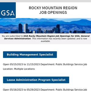 New/Current Job Opportunities in the GSA Rocky Mountain Region