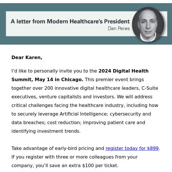 A letter from Modern Healthcare's President Dan Peres