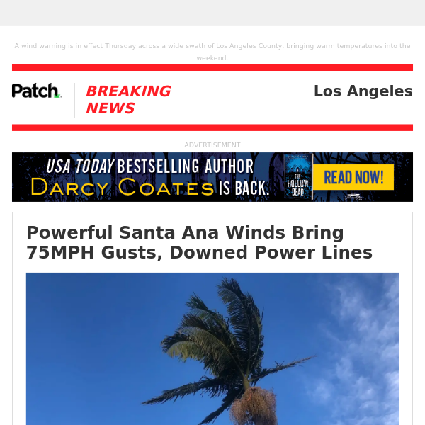 Powerful Santa Ana Winds Bring 75MPH Gusts, Downed Power Lines – Thu 08:57:49AM
