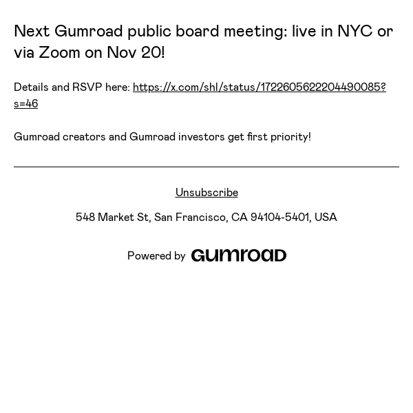 Next Gumroad public board meeting: live in NYC or via Zoom on Nov 20!