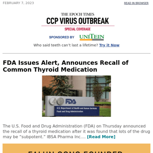 FDA Issues Alert, Announces Recall of Common Thyroid Medication