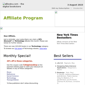 Affiliate Program : 20% Discount on Technology eBooks, See Coupon Code...