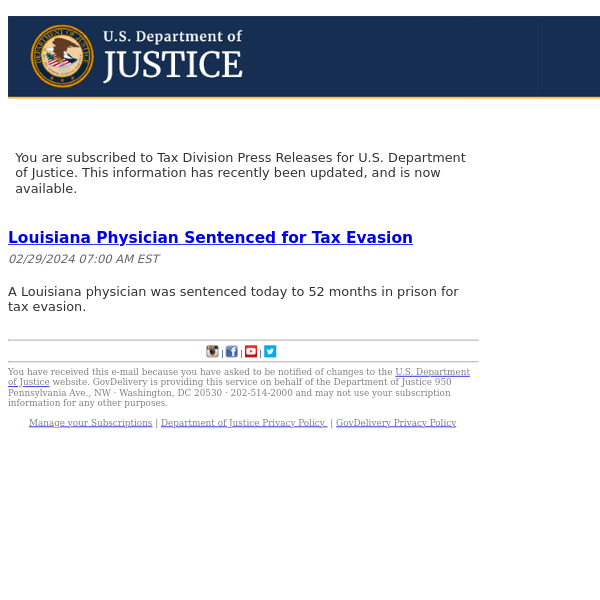 Louisiana Physician Sentenced for Tax Evasion