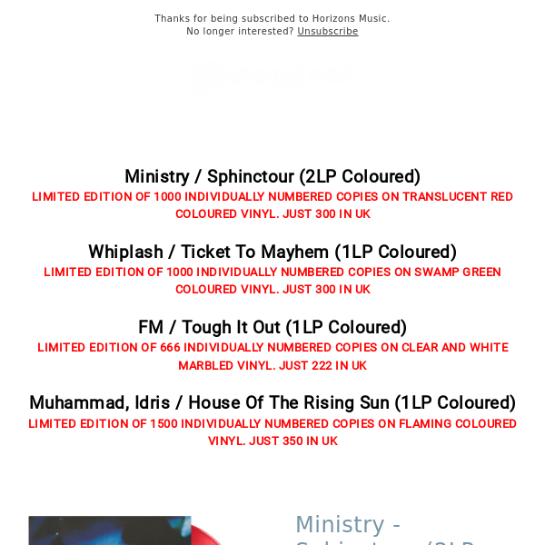 LIMITED COLOURED NUMBERED | Ministry | Whiplash | FM | Idris Mohammed (Coloured vinyl)