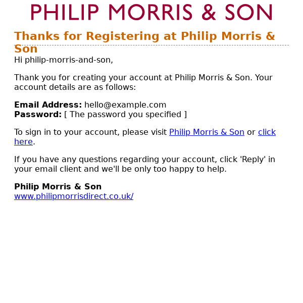 Thanks for Registering at Philip Morris & Son