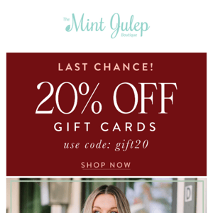 Last Chance For 20% Off Gift Cards 🎉