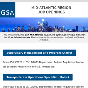 New/Current Job Opportunities in the GSA Mid-Atlantic Region