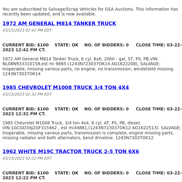 GSA Auctions Salvage/Scrap Vehicles Update