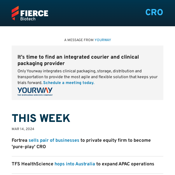 | 03.14.24 | Fortrea becomes 'pure-play' CRO after asset sale; TFS hops into Australia