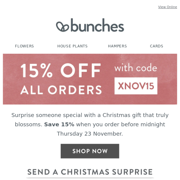 Save 15% on Christmas flowers with code XNOV15