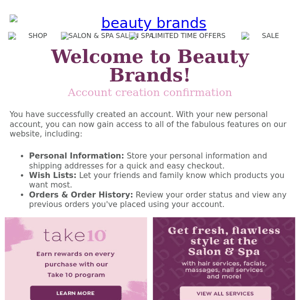 Thanks for creating an account with Beauty Brands