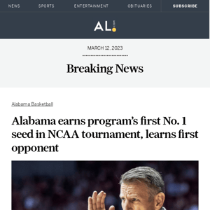 Alabama earns program’s first No. 1 seed in NCAA tournament, learns first opponent