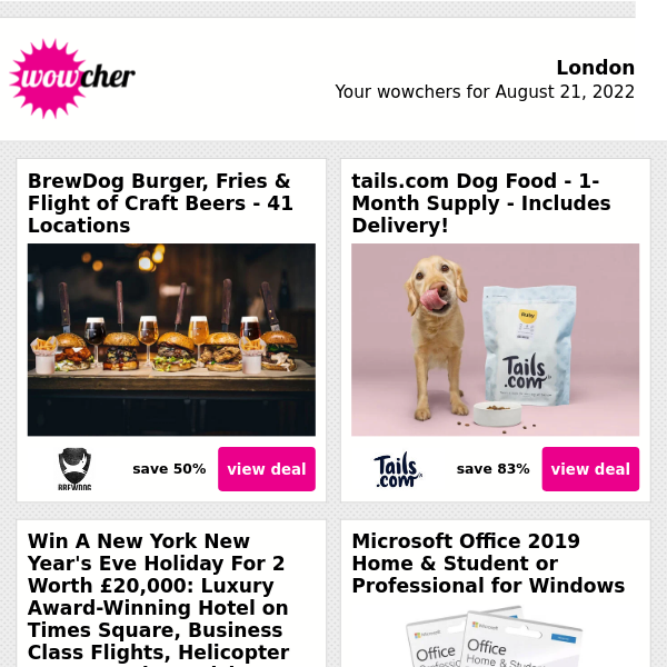 BrewDog Burger & Flight of Beers £15 | Tails Dog Food: 1-Month Supply £5 | Win A Luxury New York NYE Holiday! | Microsoft Office Home & Student 2019 £24.99  | Marco Pierre White's Country Manor For 2