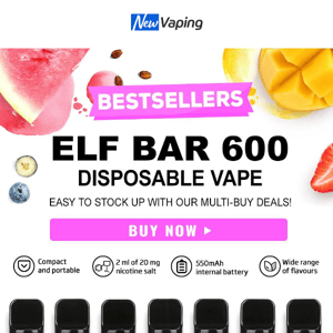 Buy 10 Elf Bar for £37, Buy 10 Elf Bar MC600 for £37, £7.99 Elf Bar Elfa Pod Kit, £17.99 Elf Bar FB1000, £1.99 Juice Bomb E-liquid 10ml