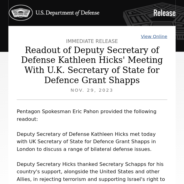 Readout of Deputy Secretary of Defense Kathleen Hicks' Meeting With U.K. Secretary of State for Defence Grant Shapps