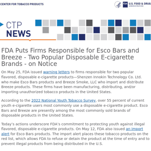 FDA Puts Firms Responsible for Esco Bars and Breeze - Two Popular Disposable E-cigarette Brands - on Notice