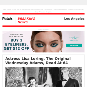 ALERT: Actress Lisa Loring, The Original Wednesday Adams, Dead At 64 – Mon 09:46:45AM