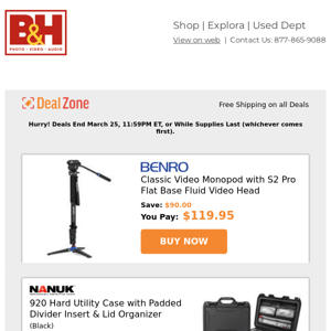 Today's Deals: Benro Classic Video Monopod w/ Fluid Video Head, Nanuk 920 Hard Utility Case, Anton Bauer Titon Micro 90 Gold Mount Two-Battery Kit w/ Charger, K&F Concept 77mm VND Filter and more