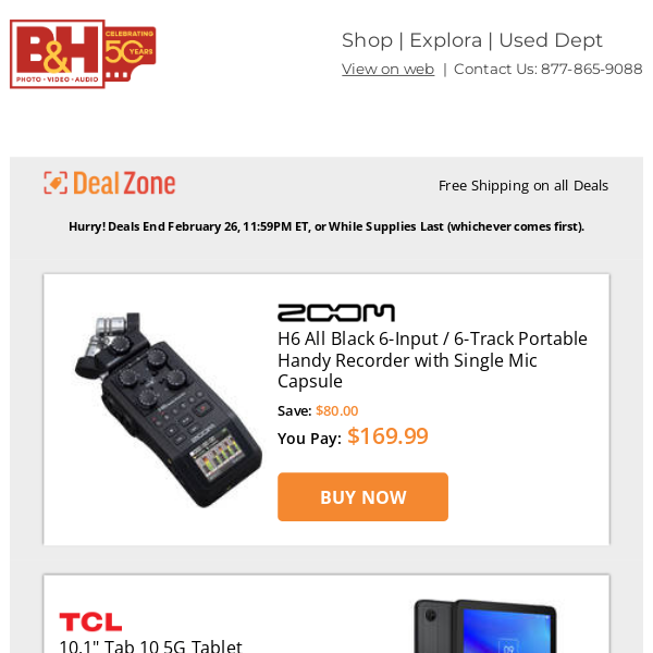 Today's Deals: Zoom H6 Portable Handy Recorder, TCL 10.1" Tab 10 5G Tablet, Rokinon 135mm f/1.8 FE Lens for Sony E, Manfrotto 608 Nitrotech Fluid Head & Tripod Kits & More