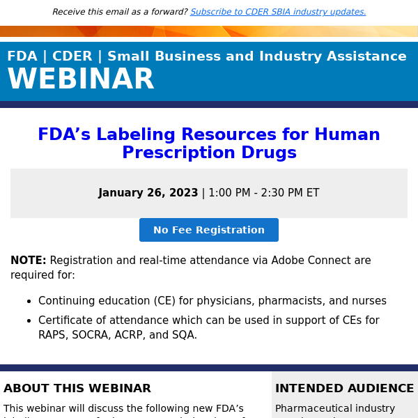 Join us TOMORROW - SBIA | FDA’s Labeling Resources for Human Prescription Drugs Webinar - Now Earn 1.5 hours of CME/CNE/CPE