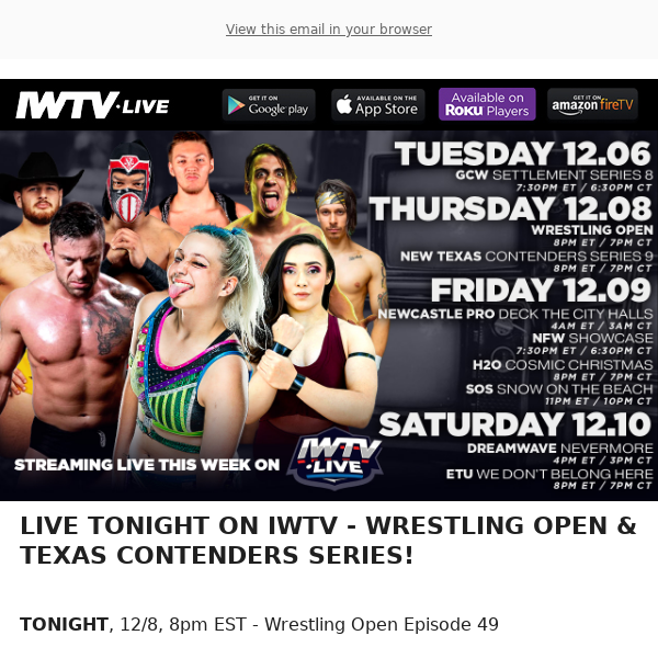 TONIGHT LIVE on IWTV: Wrestling Open & Texas Contenders Series!