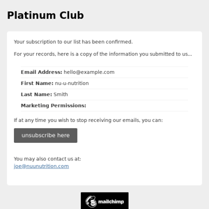 Platinum Club: Subscription Confirmed