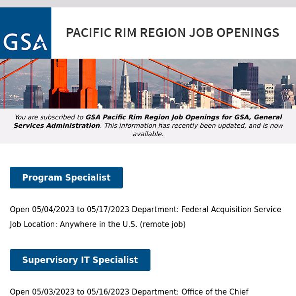 New/Current Job Opportunities in the GSA Pacific Rim Region