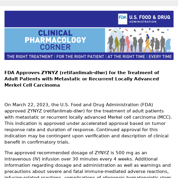 Clinical Pharmacology Corner: FDA Approves ZYNYZ (retifanlimab-dlwr) for the Treatment of Adult Patients with Metastatic or Recurrent Locally Advanced Merkel Cell Carcinoma