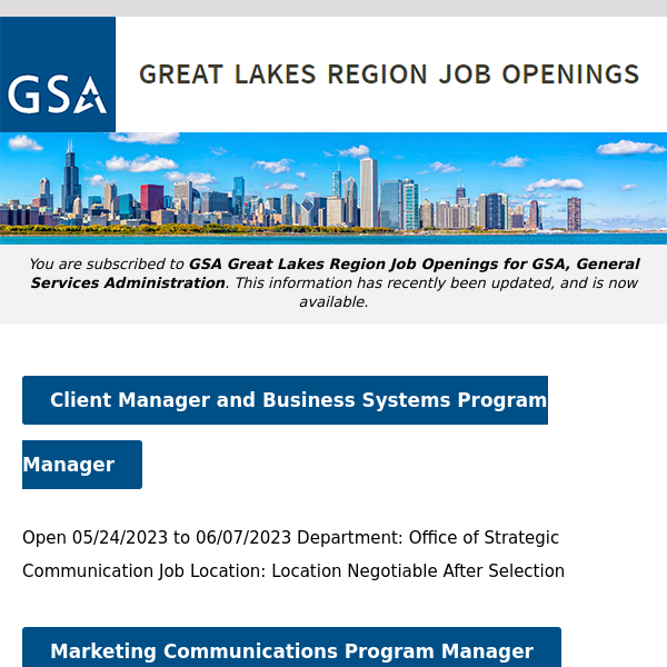 New/Current Job Opportunities in the GSA Great Lakes Region