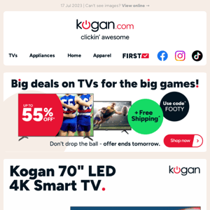 Up to 55% OFF awesome TVs plus free shipping using code “FOOTY” - Hurry, 2 days only!