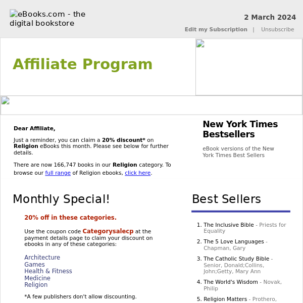 Affiliate Program : 20% Discount on Religion eBooks, See Coupon Code...