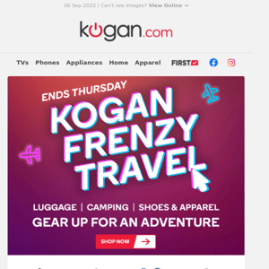 Kogan Frenzy Travel Is ON! Gear Up for Adventure with Huge Deals on Luggage, Camping & More