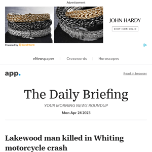 Daily Briefing: Lakewood man killed in Whiting motorcycle crash