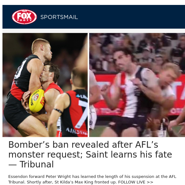 Bomber’s ban revealed after AFL’s monster request; Saint learns his fate — Tribunal