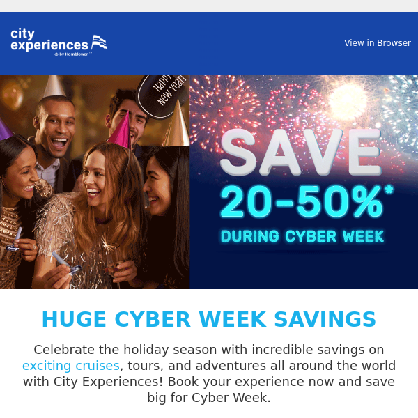 ✨ Early Cyber Week! Save up to 50% on City Cruises, Walks & Devour Tours 🌎