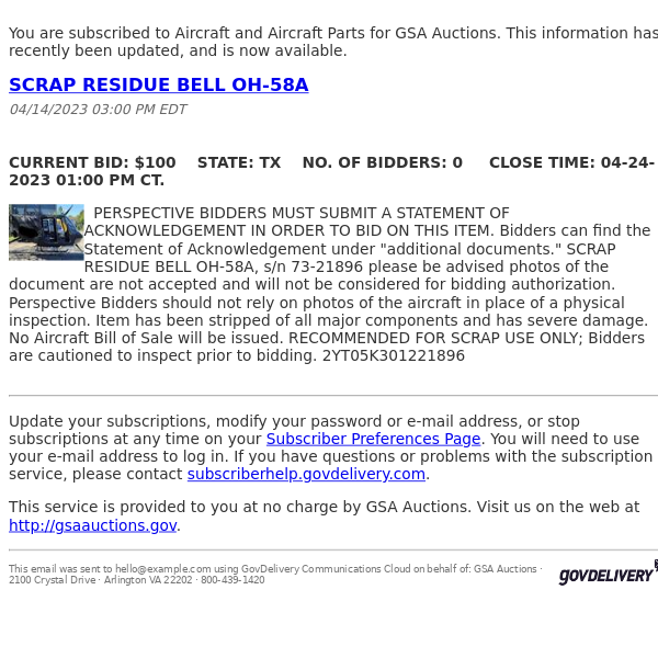 GSA Auctions Aircraft and Aircraft Parts Update