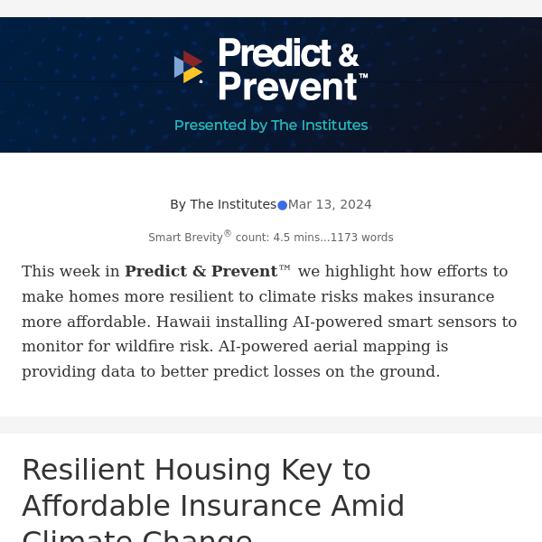 Predict & Prevent™:  Resilient Homes Key to Affordable Insurance