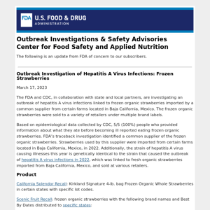 Outbreak Investigation of Hepatitis A Virus Infections: Frozen Strawberries