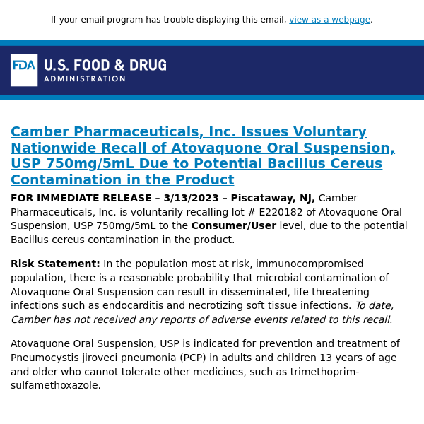 Camber Pharmaceuticals, Inc. Issues Voluntary Nationwide Recall of Atovaquone Oral Suspension, USP 750mg/5mL Due to Potential Bacillus Cereus Contamination in the Product