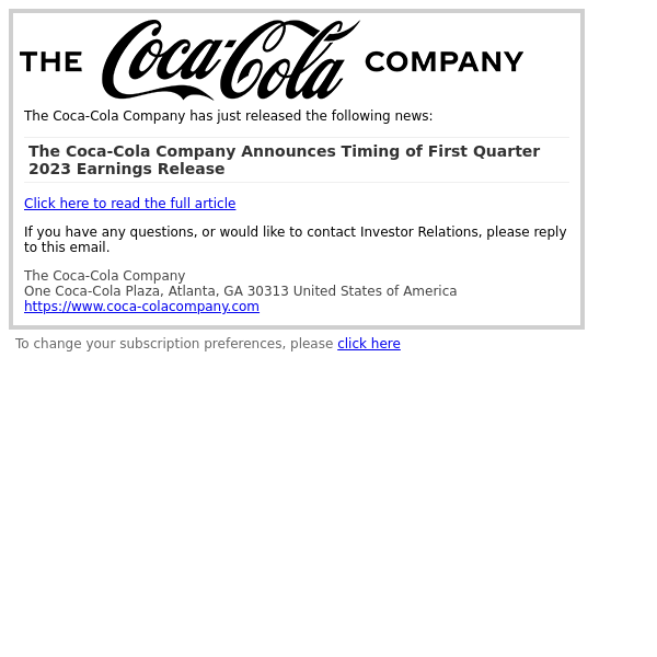 The Coca-Cola Company Announces Timing of First Quarter 2023 Earnings Release