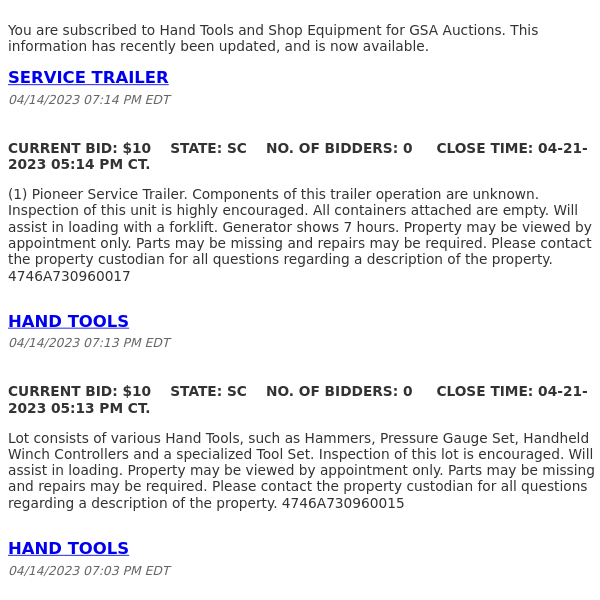 GSA Auctions Hand Tools and Shop Equipment Update