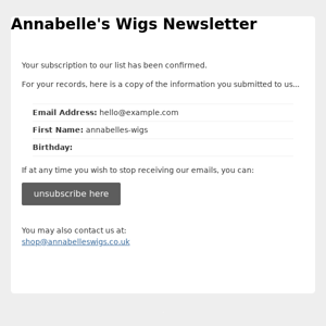Annabelle's Wigs Newsletter: Subscription Confirmed
