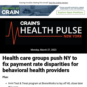 Health Pulse: Health care groups push NY to fix payment rate disparities for behavioral health providers