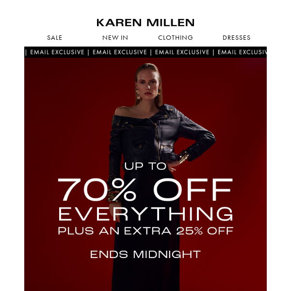 Ends midnight | Up to 70% off + an extra 25% off everything