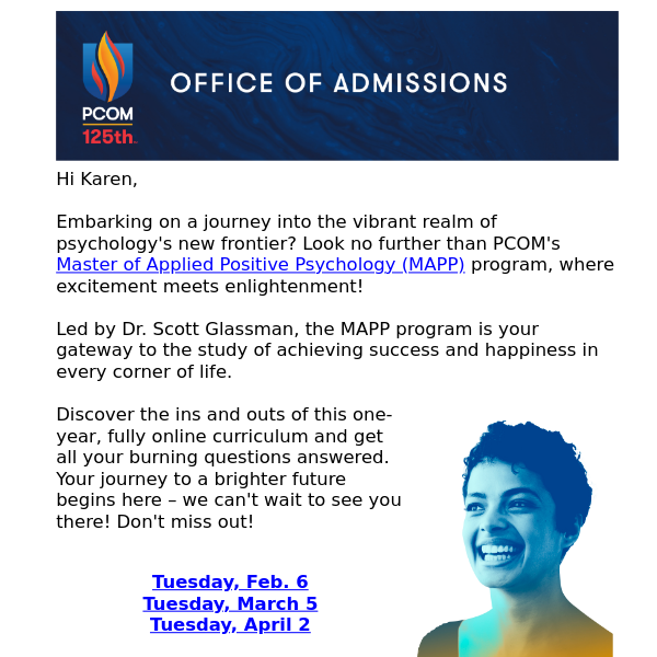 Uncover happiness with PCOM's MAPP program virtual info sessions! 🌈|Feb. 6, Mar. 5, Apr. 2 📅