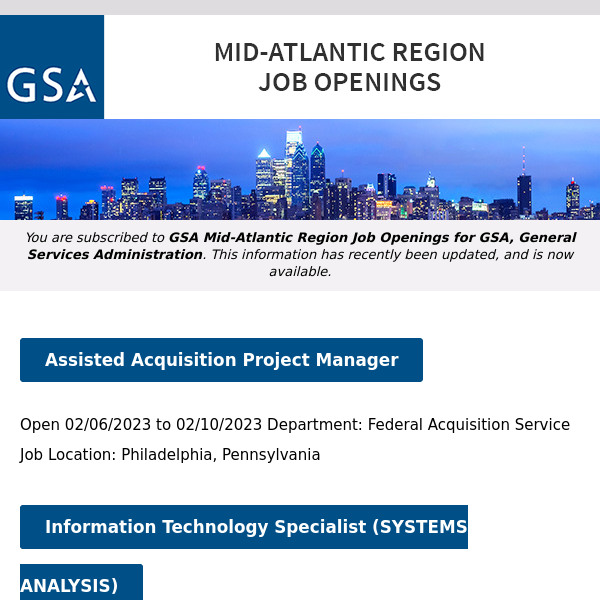 New/Current Job Opportunities in the GSA Mid-Atlantic Region