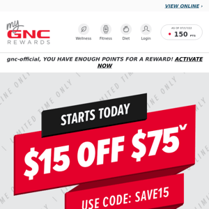 $15 OFF $75 at GNC.com! 😎