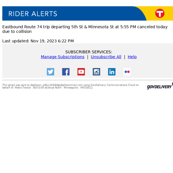 Route 74 trip departing 46th St Station & Gate D at 5:24 PM canceled