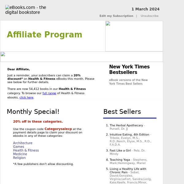 Affiliate Program : 20% Discount on Health and Fitness eBooks, See Coupon Code...