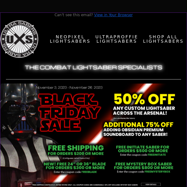 50% Off ALL SABERS + an additional 75% Off Premium Obsidian Sound!